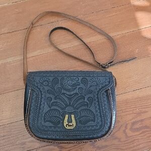Vintage Black Leather Tooled Purse